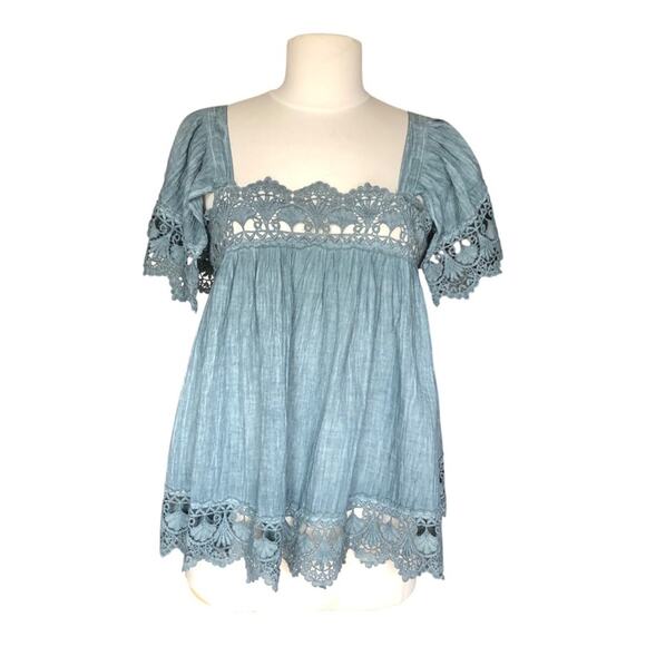 POL Square Neck Puff Sleeve Crochet Details Flowy Blouse Small NWOT - Picture 10 of 10